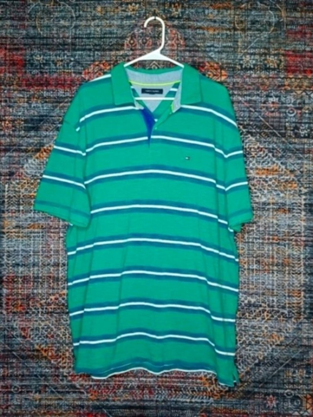 Tommy Hilfiger mens green navy white painted striped polo shirt XL EUC